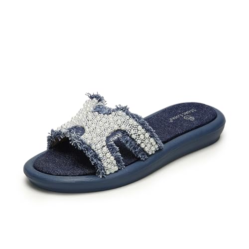 Marc Loire Women Embellished Denim Casual Flats | Slip-On Open Toe Chappals | Indian Smart Sandals with Comfortable Sole (Blue, UK Footwear Size System, Adult, Women, Numeric, Medium, 4)