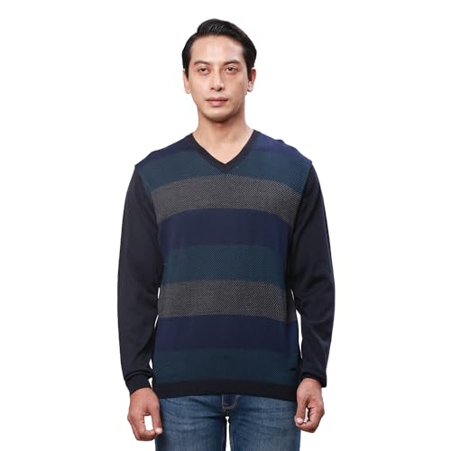Park Avenue Men's Regular Fit Acrylic Wool Blend Full Sleeve V Neck Stripe Pattern Fancy Blue Casual Sweater (Size: XS)-PCWA00268-B9