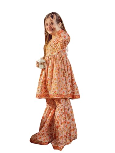 Naixa Girls Orange Rayon Round Neck 3/4 Sleeve Floral Printed Flared-Fit Kurta and Sharara with Dupatta Set | latest Floral Designer Printed Salwar Suits Set With Dupatta for Girls (SE40_5-6 Year)