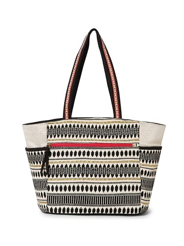 Anekaant Boho Natural, Black & Multicolor Acrylic Jacquard & Cotton Canvas Trellis Embellished Tote Bag