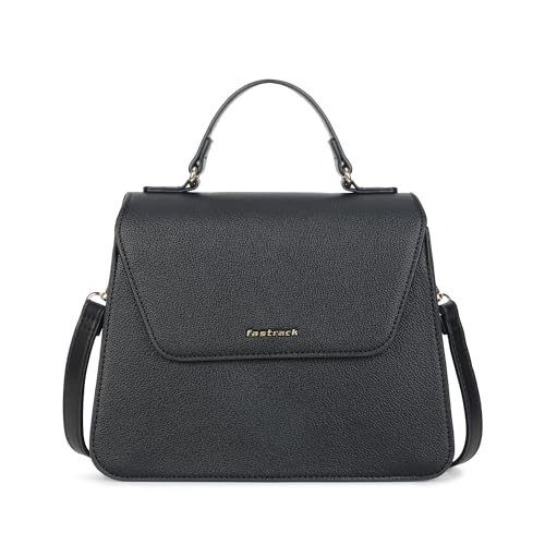 Fastrack Black EdgePlay Satchel | Faux-Leather Women's Handbags | Structured Satchel with Flap + Zipper Closure, Detachable Strap & Top Handle | Gold Hardware | Everyday Carry