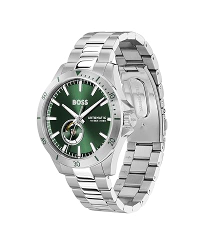 BOSS Troper Men's Automatic Mechanical Watch, Stainless Steel, 10ATM/100m Water Resistant - Stylish, Durable Timepiece - Self-Winding - Gift for Him, 43mm, Silver-Green, bracelet