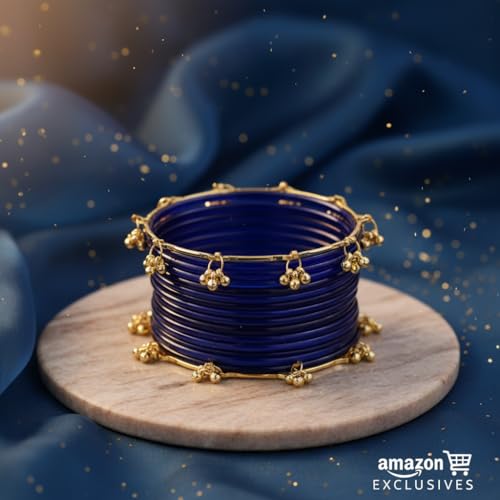 KAYASHA Blue Premium Glass Bangles Set with Ghungroo For Women|Trendy Kashmiri Bangles|Kangan Set For Women|Kanch Ki Chudiya Set Girls|Trendy Bangle For Gift|Wedding & Parties - Set Of 20