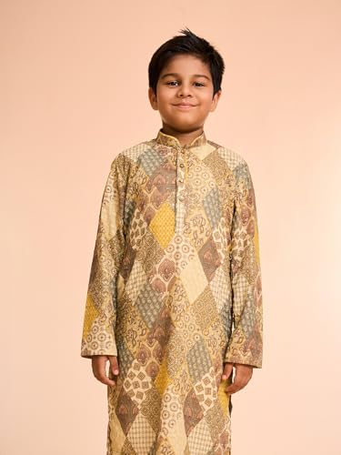 Manyavar Boys Cotton Blend Geometric Patterns Printed Kurta Pyjama Set (Light Mid Green,12-14Y)