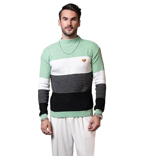 SWAAGLOK - STYLE THAT SPEAKS Men’s Colorblock Mock Neck Sweater | Textured Knit Pullover with Ribbed Hems | Stylish Slim Fit Winter Jumper for Casual & Weekend Wear (in, Alpha, S, Light Green)