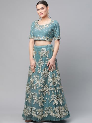 AG Clothing Women's Net Semi Stitched Lehenga Choli With Dupatta | Thread And Sequin Embroidery Pattern | Traditional, Wedding, Ethnic Wear Lehenga (AD-CINDERELLAm-VOL11m-8408-Turquoise)