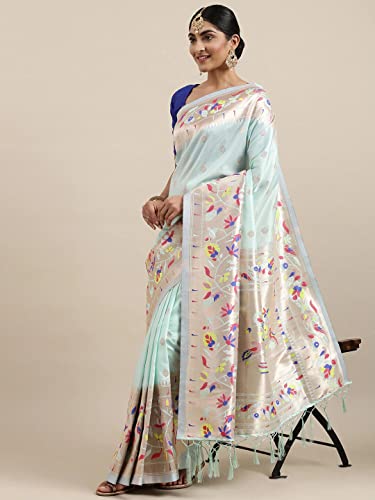 Pandadi Saree Women's Paithani Paithani Silk Saree With Blouse Piece (371PS10_Light Blue)