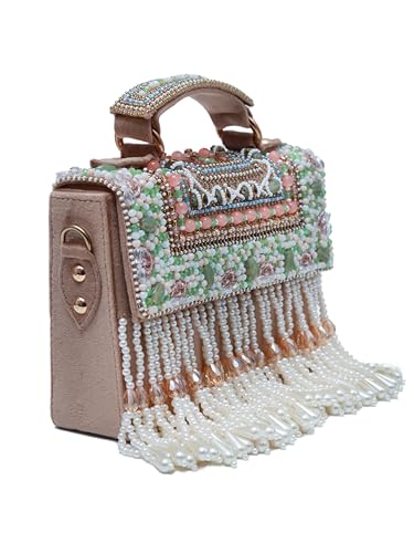 THE TAN CLAN Kiara Beige Flap Over Bag Clutches for women Purses Luxury Evening Handbags for ladies with Handle
