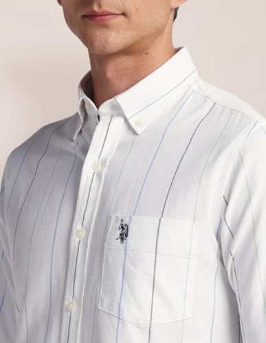 U.S. POLO ASSN. Mens White Striped Collared Neck Long Sleeve Men's Casual Shirts (USSHTFX0528_White_48)