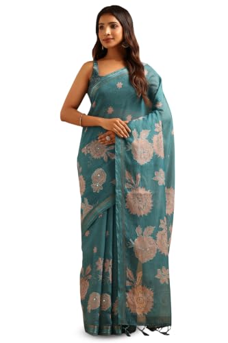 Soch Womens Turquoise Blue Silk Blend Digital Printed Floral Saree With Mirror-Work