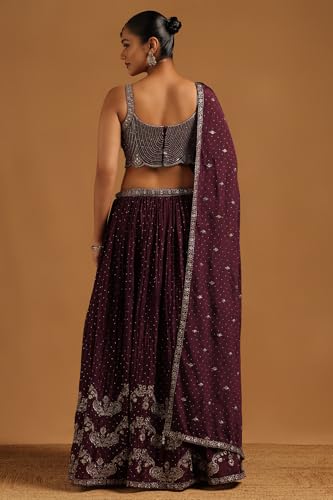 Soch Womens Wine Chinon Floral Lehenga Choli Set With Stone Work
