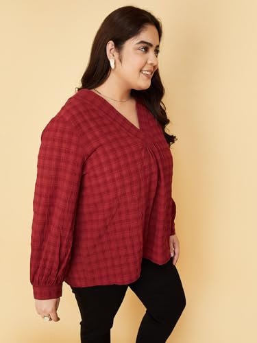 Max Women Plus Size Rayon Textured V-neck Top (WVN3002P_Red)