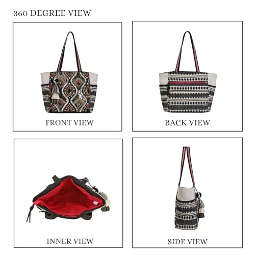 Anekaant Boho Natural, Black & Multicolor Acrylic Jacquard & Cotton Canvas Trellis Embellished Tote Bag