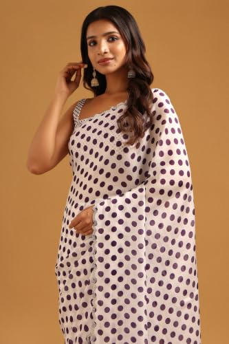 Soch Womens Purple Satin Polka Dots Stone Embellished Saree