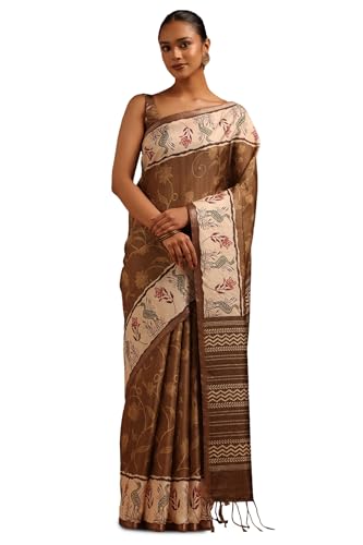 Soch Womens Brown Tussar Botanical Saree