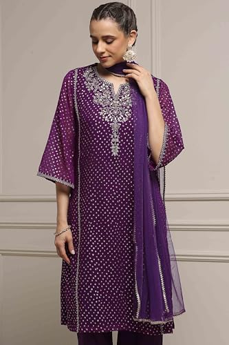Biba Women Purple Viscose Straight Printed Suit Set_40