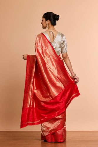 Taneira Women Red Pure Silk Cutwork Banaras Saree with Unstitched Blouse Piece (SAPH04AC5869-Red)