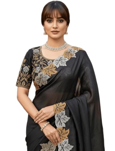 Glory Sarees Women’s Satin Chiffon Embroidery Work Saree With Blouse Piece (JR644_Black)