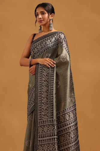 Soch Womens Olive Tussar Kantha Embroidered Saree With Mirror Work
