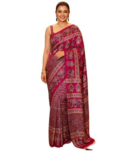 ORHANS Women's Modal Silk Saree with Unstitched Blouse Piece Animal Printed Pattern and Elephant Theme | Womens Ethnic Sarees | Sari for Womans | Stylish Saree fo Women Lightweight