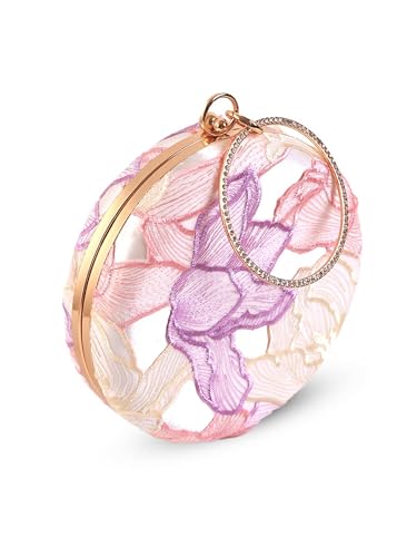 THE TAN CLAN Pink Floral Embroidered Clutch Purse For Women Stylish Bridal Handbag Round Designer Clutch Bag For Women Wedding Ethnic Fancy Purse With Chain And Metal Handle Luxury