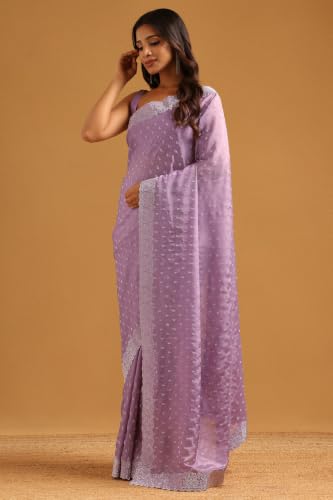 Soch Womens Lavender Satin Stone Embellished Saree