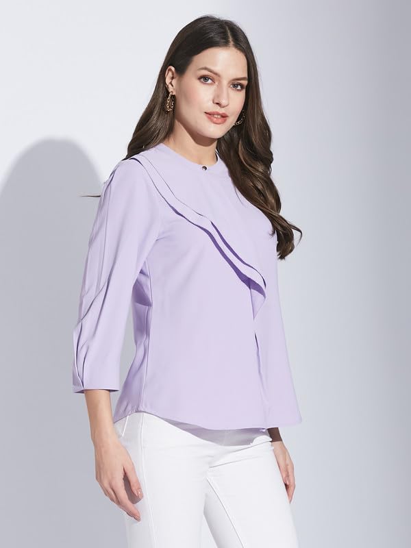 Latin Quarters Women Lavender Mandarin Collar 3/4 Sleeve Solid Top_S