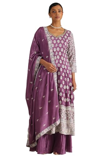 Soch Womens Purple Chinon Embroidered Salwar Suit With Thread Work