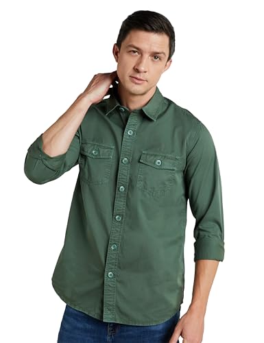 Symbol Premium Men's Casual Washed Cotton Twill Shirt (Regular Fit) (Green_Small)