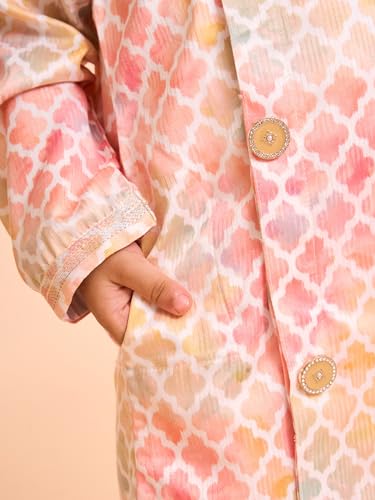 Manyavar Boys Satin Printed Kurta Pyjama Set (Peach,8-10Y)