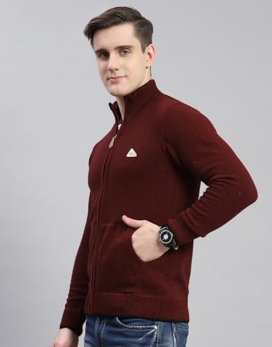 Monte Carlo Mens Maroon Solid Stand Collar Full Sleeve Wool Blend Casual Sweater | Warm Woolen Pullover for Men | Soft Comfortable Knitted Winter Wear Sweater for Men's
