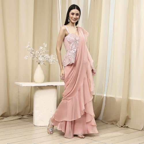 BIBA Women Nude-Colored Peplum Pre-Draped Saree_34
