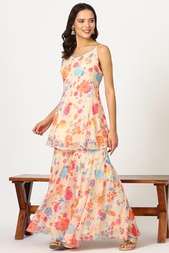 W for Woman Off-White Floral Printed Sleeveless Flared Chiffon Kurta and Sharara Set with Dupatta (Size: 2XL)-24AUWS12585-124166