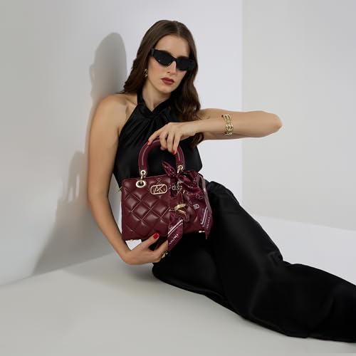 Akiki London Women's Whitehall 11 Small Satchel Handbag|Quilted Pattern|comes with Scarf and Dog Charm|Metal Detailling|Ideal Work or Party Handbag for Women