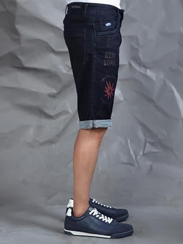 BEEVEE Men’s Cotton Navy Text Printed Casual Shorts | 100% Yarn Dyed Structured Fabric, Mid Rise, Knee Length with Button Closure