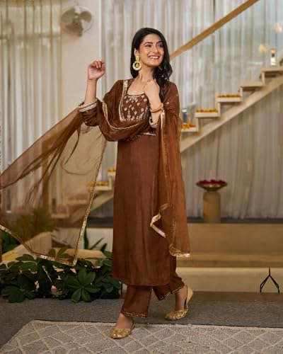 VARNI FABRICS: A lady's First Love Women's Brown Vichitra Silk Embroidered Kurta With Straight Pant And Dupatta, Ethnic Festive Set (IN, Alpha, M, Regular)
