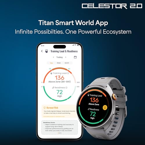 Titan Celestor 2.0 Smartwatch with 1.43" inch AMOLED Display, Dual Band GPS, ABC, Offline Maps, 5 ATM, Training Load & Readiness, Running Courses, Offline Music, TitanQ, Hybrid Strap - Star Dust