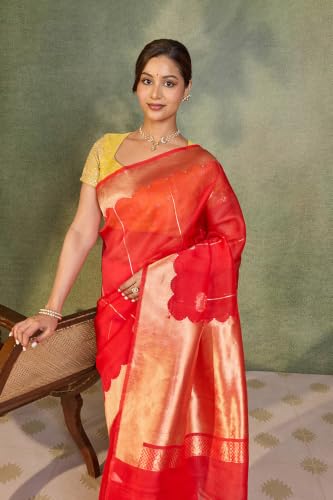 Taneira Red Pure Silk Organza Kadwa Banarasi SareeWith Unstitched Blouse(SAIH02AD6178-Red)