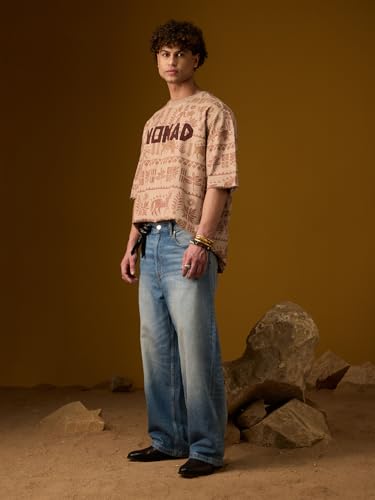 The Souled Store Nomad: Indus Brown Men and Boys Short Sleeves Round Neck Graphic Printed Tribal Casual Drop Shoulder Streetwear Trendy Super Oversized T-Shirt
