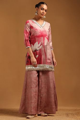 Soch Womens Pink Linen Floral Suit Set With Zari Embroidery and Gotta Patti Details
