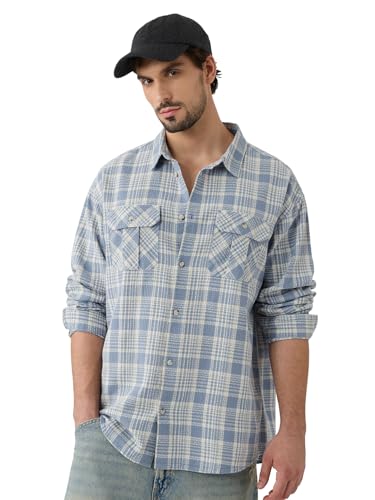 The Souled Store Plaid Shirt: Skyfall Men and Boys Long Sleeves Collared Neck Button Front Cotton Utility Shirts