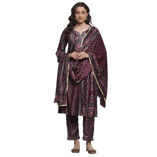 Biba Women Plum Polyester Straight Printed Suit Set_36