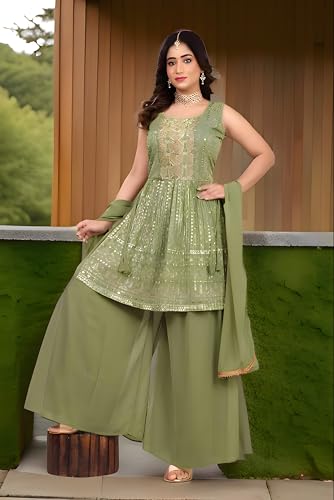 LUGAI Gown on Chanderi Silk Fabric for Women | Women's Georgette Floral Printed Flared Gown with Dupatta | 39876_GR_KM 51_XL Green