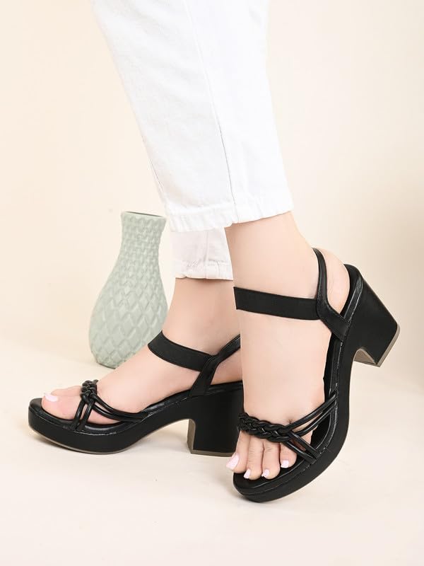 XE Looks Women's Black Wedge Sandals | Elegant Braided Strap Design with Cushioned Footbed | Lightweight Heels for Comfort & Trendy Sandals For Girls & Women