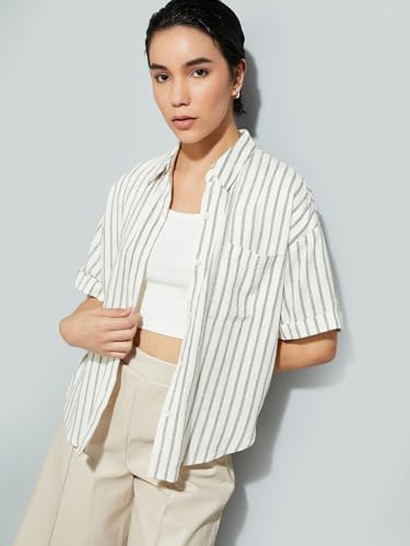 Max URB_N Women Embroidered Striped Oversized Shirt (Ivory_L)