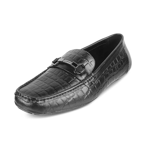 tresmode MILUCK Men's Driving Loafers Leather Shoes Black, 7 UK / 41 EU - Round Toe TPR Sole Casual Footwear Penny Soft - Light Weight, Comfortable and Long Life