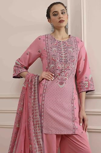 Biba Women's Light Pink Cotton Straight Printed Suit Set