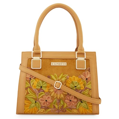 Caprese Siji Tresna Small Tote Bag for Women with Multiple Pockets | Kashida Embroidery Shoulder Bag with Adjustable & Detachable Strap and Zipper Closure | Ideal for Work, Everyday Outings (Brown)
