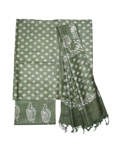Ivikta Women's Unstitched Salwar Suit Dress Material with Dupatta | Batik Print Katan Silk Suit Dress Material (Olive Green)