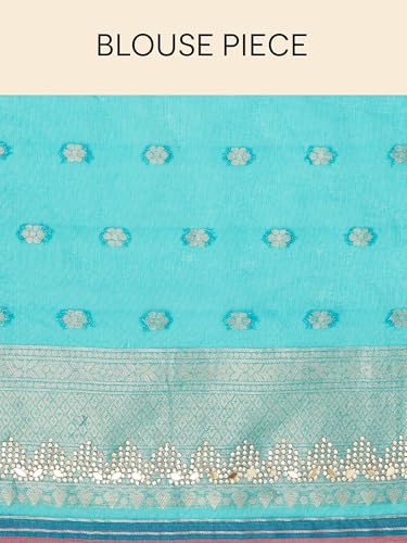 MOHEY Women's Art Silk Mirror Work Zari Saree(Teal Blue)
